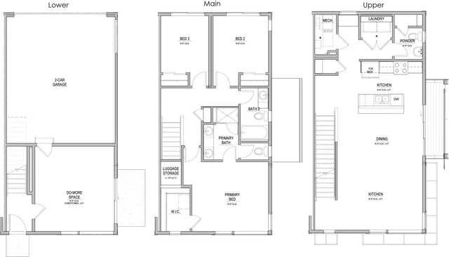 Three-level townhouse floor plan with 3 bedrooms, open kitchen, dining area, and 2-car garage.