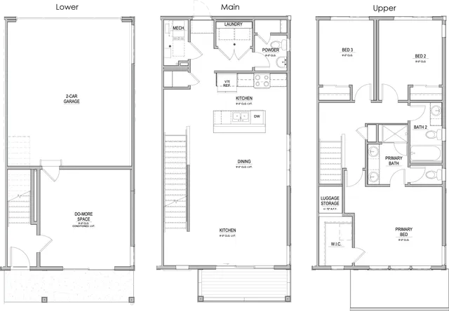 Detailed floor plan featuring a 2-car garage, open concept kitchen and dining area, three bedrooms, and multiple bathrooms.