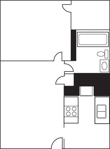 Modern 1-bedroom floor plan featuring an efficient kitchen, inviting living space, and a well-appointed bathroom.