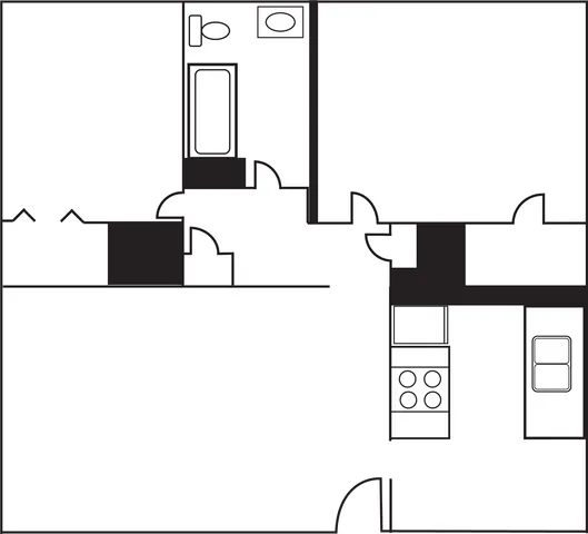 Modern floor plan showcasing a spacious layout with two bedrooms, a full bathroom, and a dedicated kitchen area.