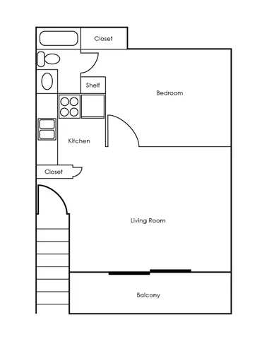 Charming apartment floor plan with a spacious bedroom, cozy kitchen, inviting living room, and a delightful balcony.