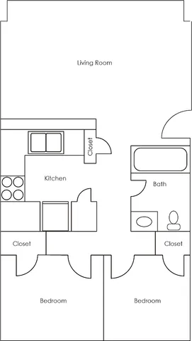 Inviting floor plan showcasing 2 cozy bedrooms, a bright living room, modern kitchen, and a well-designed bath area, perfect for comfortable living.