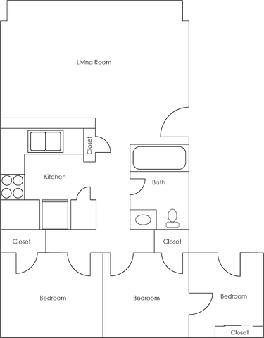 Inviting floor plan showcasing 3 cozy bedrooms, a modern kitchen, open living area, and a full bath with ample closet space.