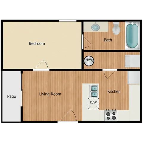 Charming floor plan featuring 1-bedroom, kitchen with dishwasher, cozy living room, and patio access.