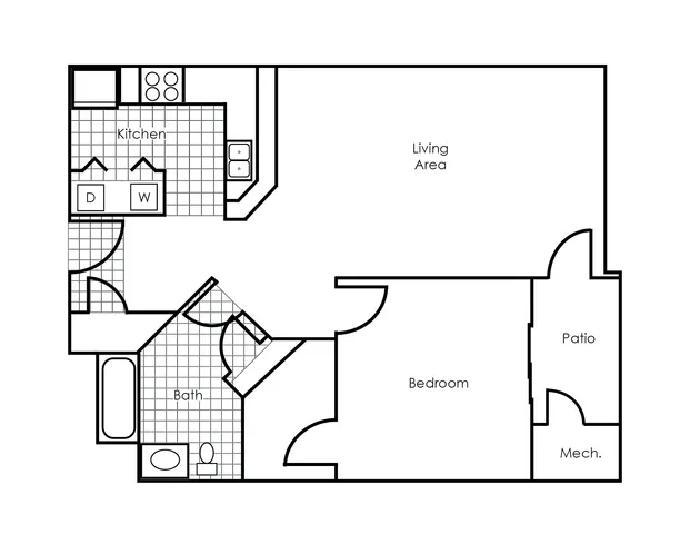 One bedroom floor plan featuring a spacious living area, well-equipped kitchen, inviting bedroom, and private patio.