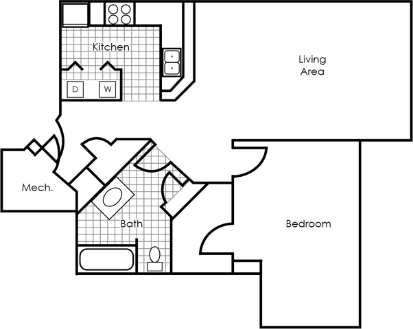 Contemporary floor plan featuring a spacious bedroom, modern kitchen, and open living area, perfect for comfortable living.