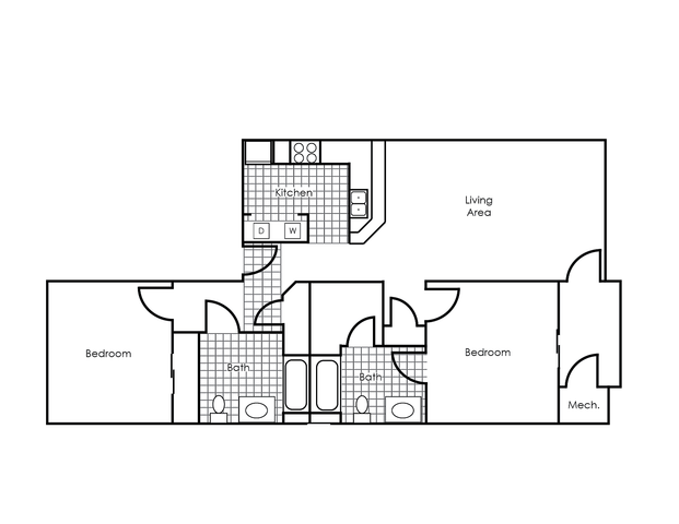 Modern floor plan showcasing 2 bedrooms, open living area, and well-designed kitchen with attached bathrooms.