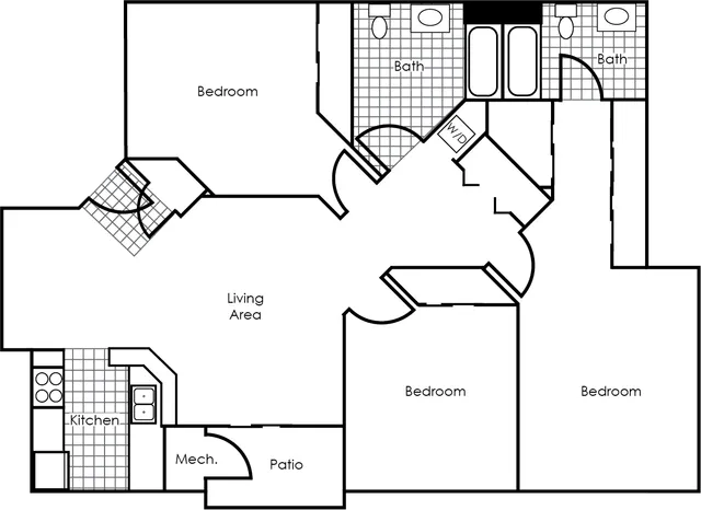 Chic floor plan showcasing 3 bedrooms, 2 modern baths, sleek kitchen, open living area, and inviting patio.