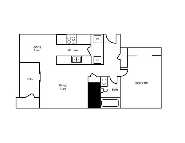 Contemporary floor plan showcasing a spacious 1-bedroom apartment with a patio, modern kitchen, and open living area.