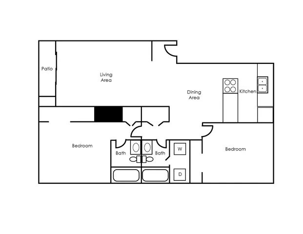 Elegant 2D floor plan highlighting 2 spacious bedrooms, a modern kitchen, airy living and dining areas, with a delightful patio.