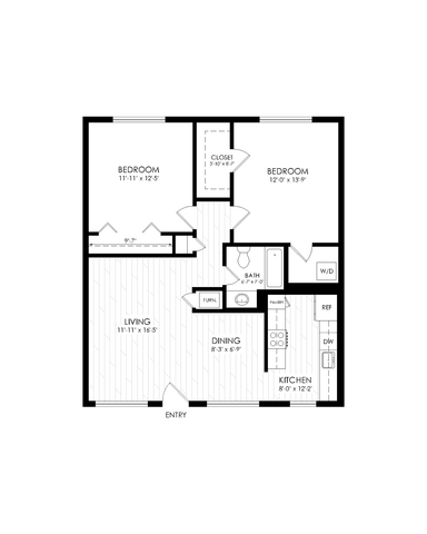Inviting floor plan with 2 spacious bedrooms, an open living area, cozy dining space, and a modern kitchen featuring efficient layout.