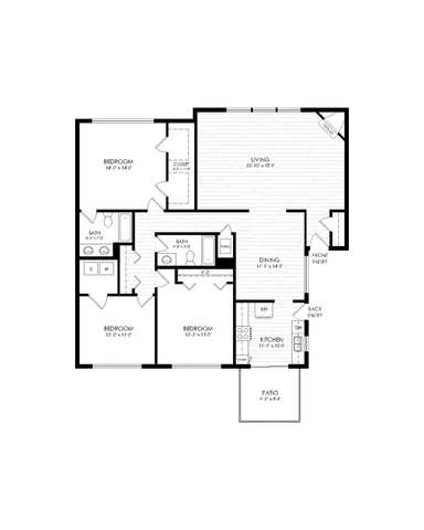 Elegant apartment floor plan showcasing 3 bedrooms, 2 bathrooms, a spacious living room, well-appointed kitchen, dining area, and cozy patio space.