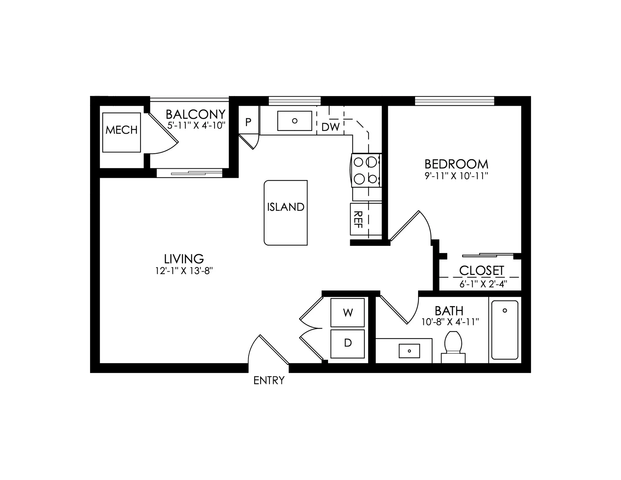 Modern 1-bedroom floor plan with spacious living area, kitchen island, private balcony, and well-appointed bath.