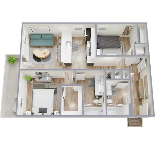 Beautifully designed 2D floor plan showcasing 2 spacious bedrooms, an inviting open-concept living and dining area, modern kitchen, and elegant bathroom, perfect for comfortable living.