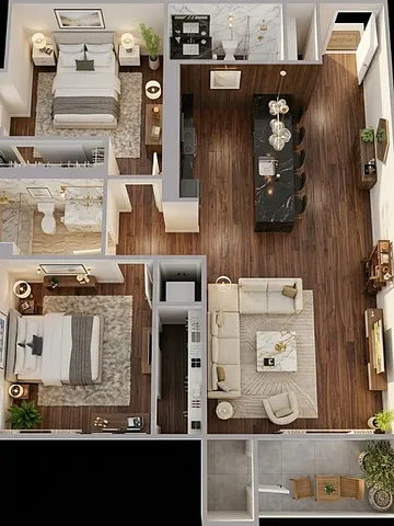 Elegant apartment floor plan showcasing two luxurious bedrooms, an open-concept living and dining area, a sleek modern kitchen, and a cozy outdoor patio.