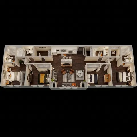 Contemporary apartment floor plan with 3 bedrooms, spacious living room, elegant kitchen, and modern bathrooms.