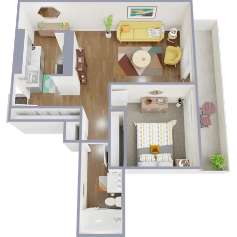 One bedroom, one bath, 636 square feet
