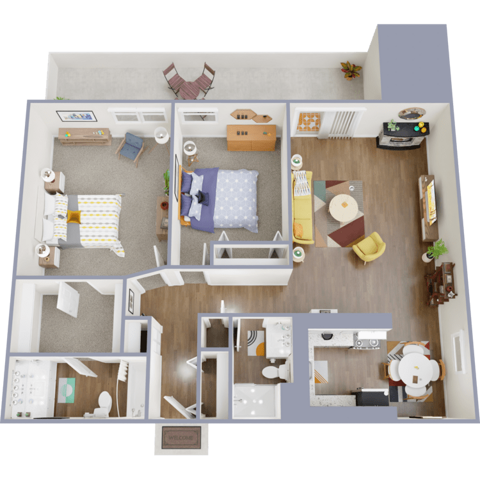 Two bedroom, two bath, 951 square feet