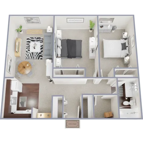 B1 - Two bedroom, one bath, 860 square foot apartment