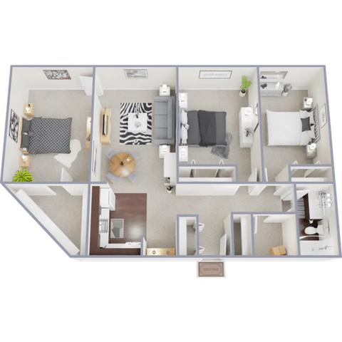 C1 - Three bedroom, one bath, 980 square foot apartment