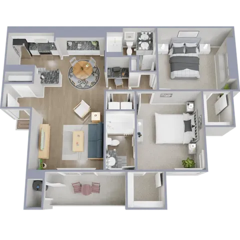 B1 - Two bedroom, two bath, 1,008 square foot apartment