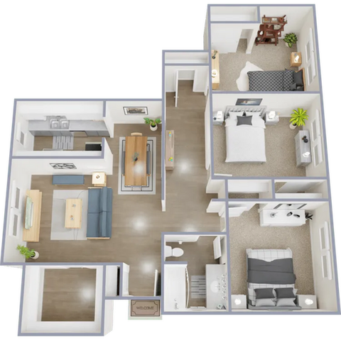 Three bedroom, one bath, 1,045 sq ft apartment home