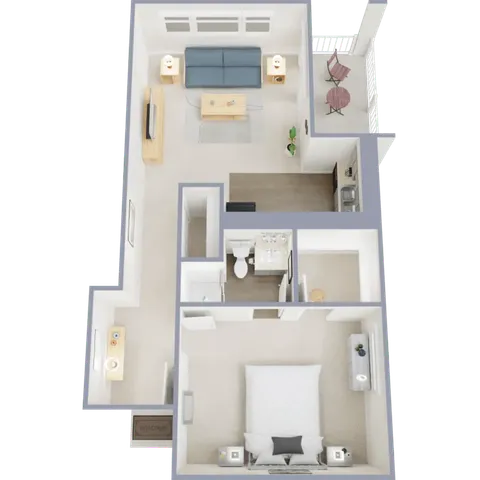 One bedroom, one bath, 648 square foot apartment