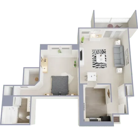One bedroom, one bath, 709 square foot apartment