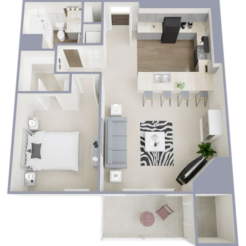 One bedroom, one bath, 729 square foot apartment