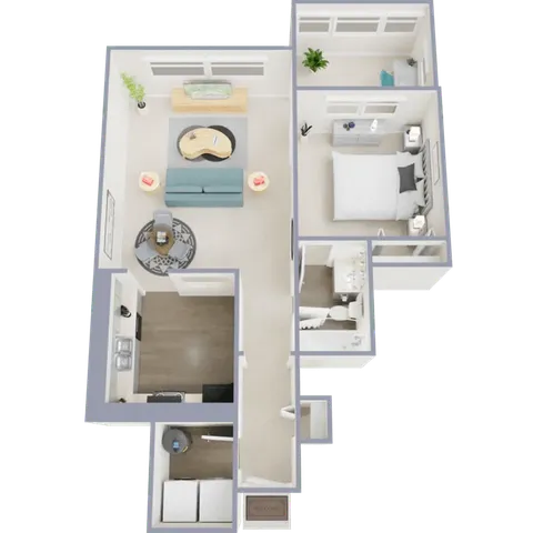 One bedroom, one bath, 735 square foot apartment