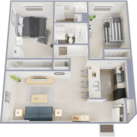 Two bedroom, two bath, 738 square foot apartment