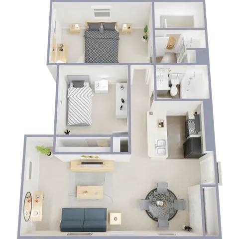 Two bedroom, two bath, 779 square foot apartment