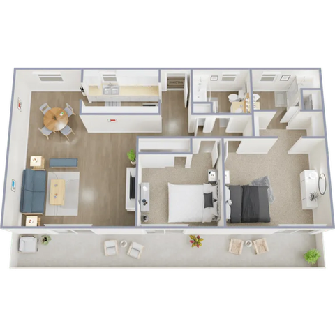 B1 - Two bedroom, two bath, 850 square foot apartment home
