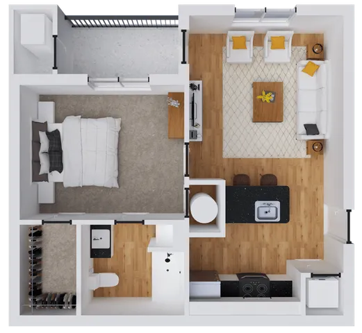 599 square foot, one bedroom, one bath apartment home