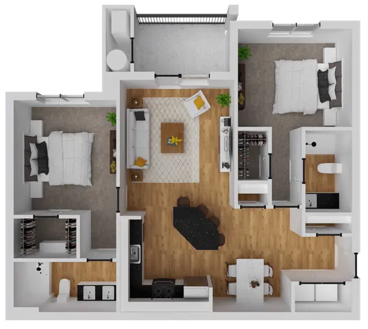 1,047 square foot, two bedroom, two bath apartment home