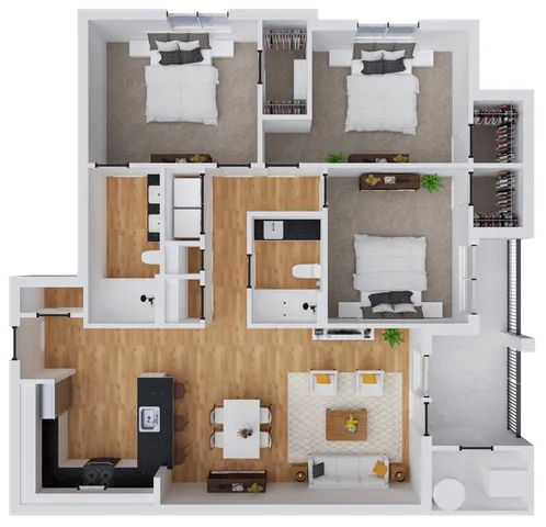 1,285 square foot, three bedroom, two bath apartment home