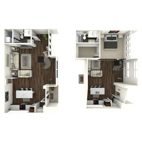 947 square foot one bedroom, one and a half bath loft apartment home