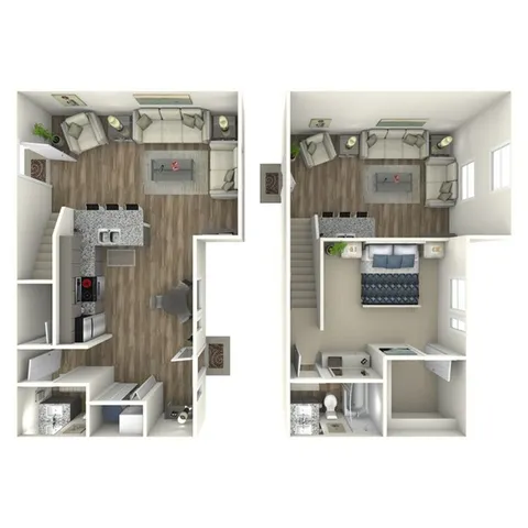 877 square foot one bedroom, one and a half bath loft apartment home