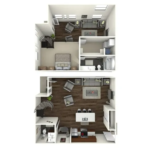 968 square foot one bedroom, one and a half bath loft apartment home