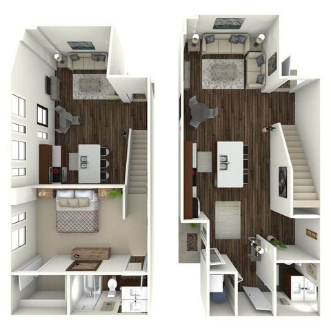 877 square foot one bedroom, one and a half bath loft apartment home