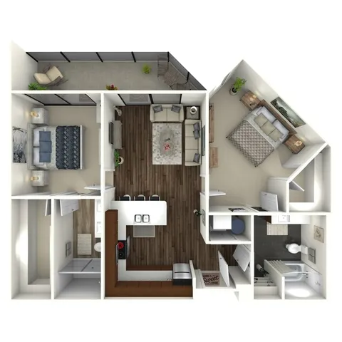 1,016 square foot two bedroom, two bath apartment home