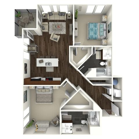 1,187 square foot two bedroom, two bath apartment home