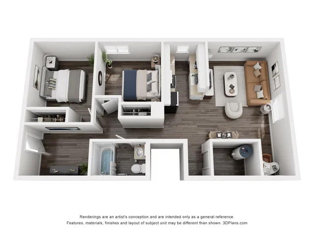 Modern 3D floor plan showcasing 2 bedrooms, sleek kitchen, cozy living area, and well-equipped bathroom.