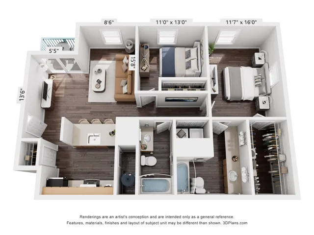 Chic 3D floor plan showcasing 2 elegant bedrooms, spacious open-concept living room, modern kitchen with island, and 2 stylish bathrooms. Great layout for urban living.