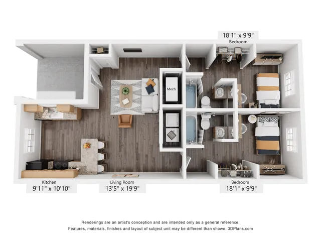 Modern 3D floor plan showcasing 3 bedrooms, open kitchen, stylish living room, and dual bathrooms with elegant finishes.