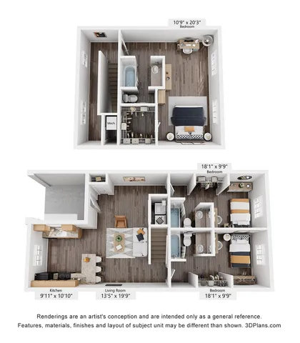 Elegant 3-bedroom floor plan with open-concept living room and kitchen, featuring modern finishes and ample natural light.