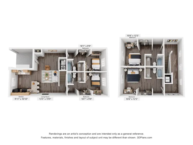 Modern 3D floor plan highlighting 3 cozy bedrooms, open-concept living room, and a functional kitchen space.