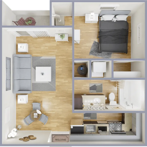 Modern 3D floor plan showcasing a cozy one-bedroom apartment with open living space, sleek kitchen, and stylish bathroom.