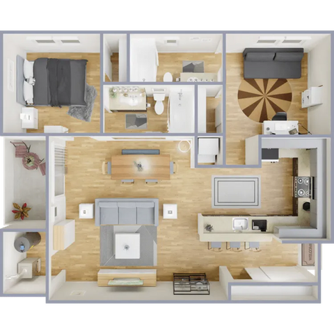 Modern 3D floor plan showcasing one bedroom, open-plan kitchen and living area, home office, and balcony, perfect for stylish urban living.