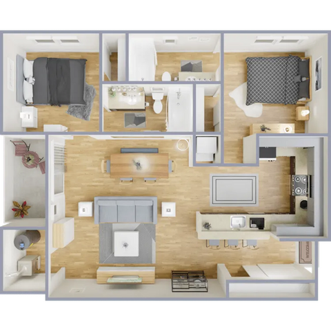 Modern 3D floor plan featuring two cozy bedrooms, elegant open-plan living and dining area, stylish kitchen, and private patio space.